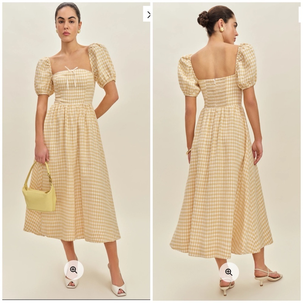 💋Reformation Marella puff sleeve linen Yellow Checkered gingham Dress. Size 6 - Picture 3 of 12